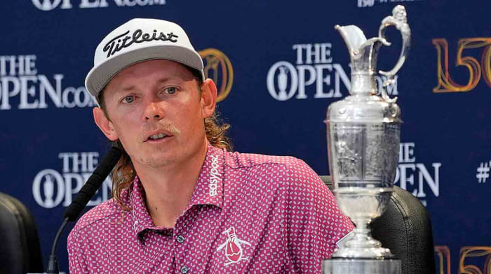 Cameron Smith talks to media during a press conference after winning the 2022 British Open at St. Andrews Old Course.