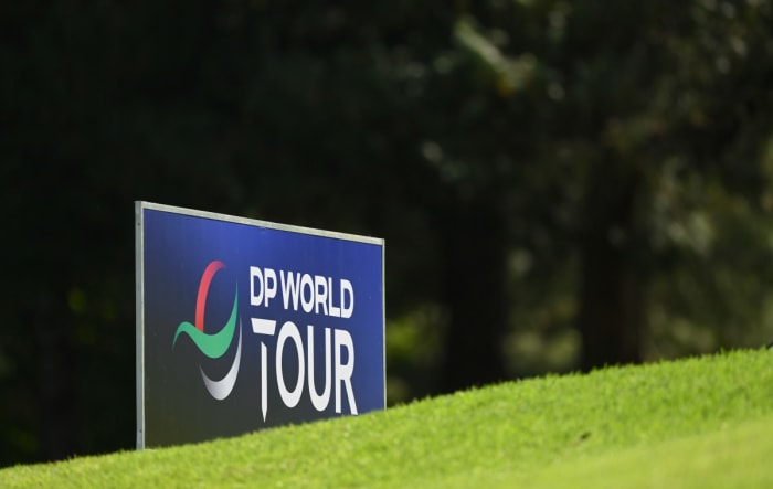 The newly branded DP World Tour sign is seen during a practice round prior to the JOBURG Open at Randpark Golf Club on November 23, 2021 in Johannesburg, South Africa