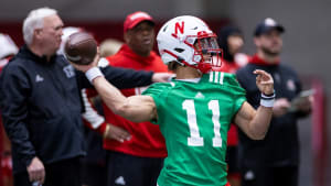 Casey Thompson makes a throw during Monday's practice. Go here for a full gallery at Huskers.com.