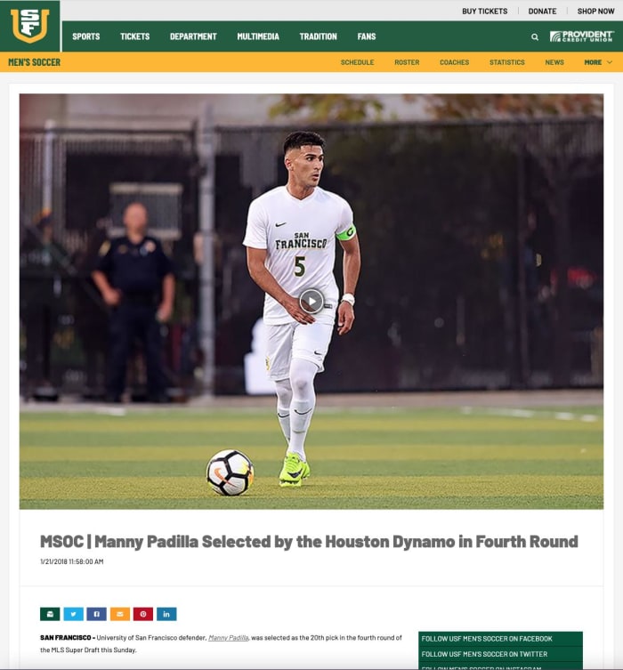A screenshot of the USF Athletics post on Padilla's selection in the MLS draft.
