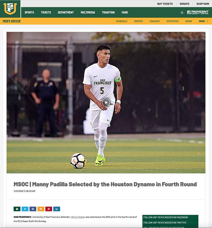A screenshot of the USF Athletics post on Padilla's selection in the MLS draft.