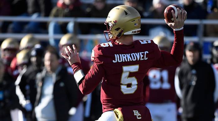 Nov 27, 2021; Chestnut Hill, Massachusetts, USA; Boston College Eagles quarterback Phil Jurkovec (5) throws a pass during the first half against the Wake Forest Demon Deacons at Alumni Stadium.