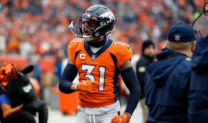 Denver Broncos safety Justin Simmons, 31, reacts after a first-quarter play against the Washington football team at Mile High's Empower Field.