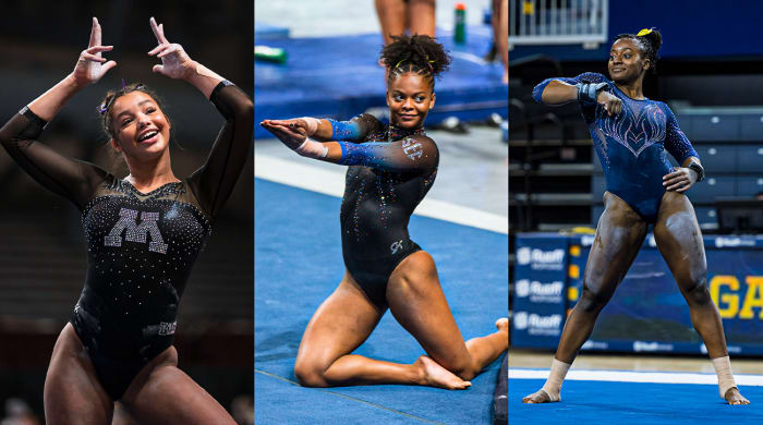 (Left to right) Minnesota's Mya Hooten, Florida's Trinity Thomas and Michigan's Gabby Wilson perform their floor routines.