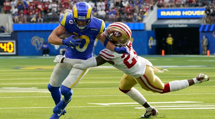 San Francisco 49ers defensive back Dontae Johnson (27) tackles Los Angeles Rams wide receiver Cooper Kupp (10) during the first half of an NFL football game Sunday, Aug. January 2022 in Inglewood, California.