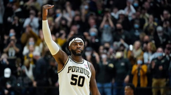Purdue forward Trevion Williams (50) reacts to the fans after Purdue defeated Michigan, 82-76, in an NCAA college basketball game, Saturday, Feb. 5, 2022, in West Lafayette, Ind.