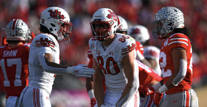 Utah Utes tight end Brant Kuithe (80) celebrates after a game against the Ohio State Buckeyes in the first half of the 2022 Rose Bowl game at the Rose Bowl.