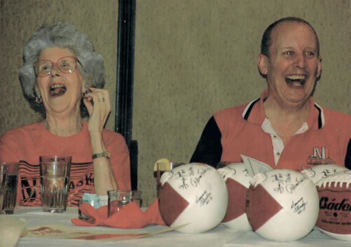 Margaret and David Max laughing at a Joe Blahak joke