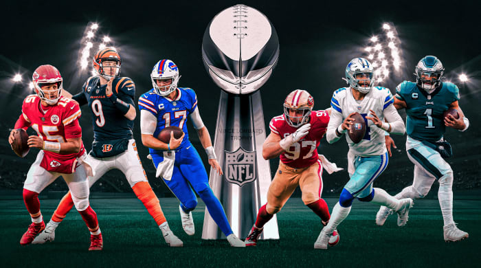 Un gráfico con fotos de Patrick Mahomes, Joe Burrow, Josh Allen, Nick Bosa, Dak Prescott y Jalen Hurts frente a un gran Trofeo Lombardi.