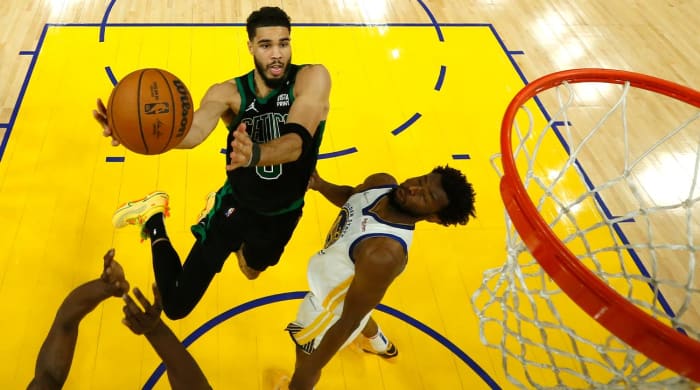 June 13, 2022;  San Francisco, California, USA;  Boston Celtics forward Jayson Tatum (0) goes to the basket in game five of the 2022 NBA Finals Golden State Warriors at Chase Center.