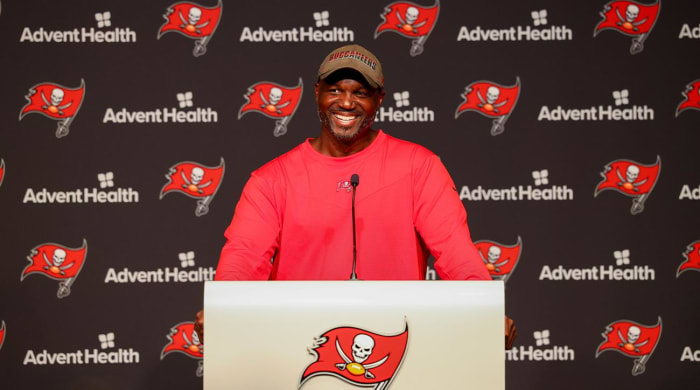 Jun 9, 2022; Tampa, FL, USA; Tampa Bay Buccaneers head coach Todd Bowles participates in a press conference during mandatory mini camp at AdventHealth Training Center.