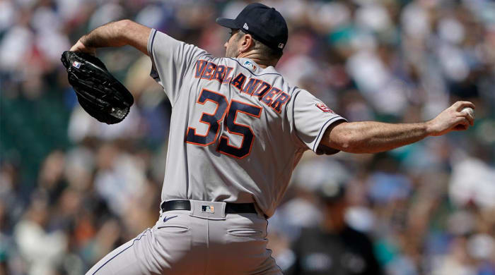 The Houston Astros' starting pitch is Justin Verlander's pitch against the Seattle Mariners during the fifth inning of a baseball game, Saturday, July 23, 2022, in Seattle.