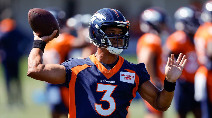 Aug 5, 2022; Englewood, CO, USA; Denver Broncos quarterback Russell Wilson (3) during training camp at the UCHealth Training Center.