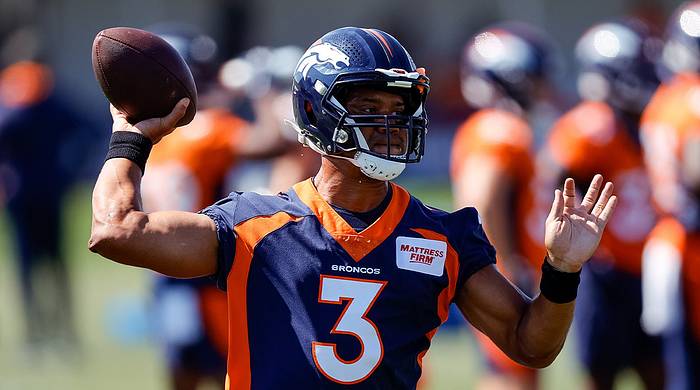 Aug 5, 2022; Englewood, CO, USA; Denver Broncos quarterback Russell Wilson (3) during training camp at the UCHealth Training Center.