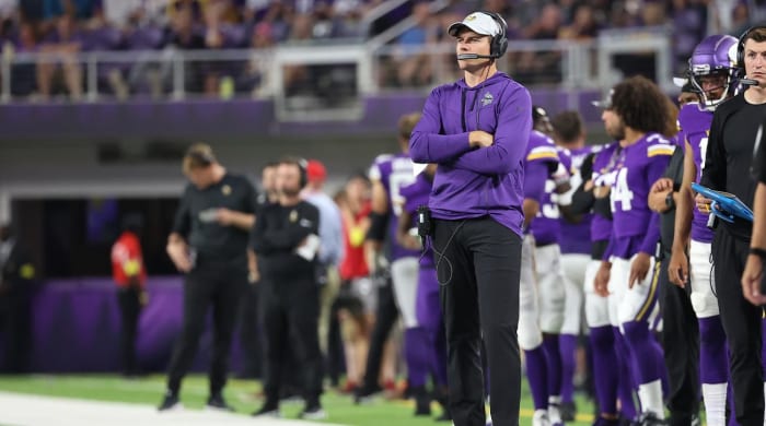 August 20 2022;  Minneapolis, MN, USA;  Minnesota Vikings head coach Kevin O'Connell looks during the fourth quarter against the San Francisco 49ers at US Bank Stadium.