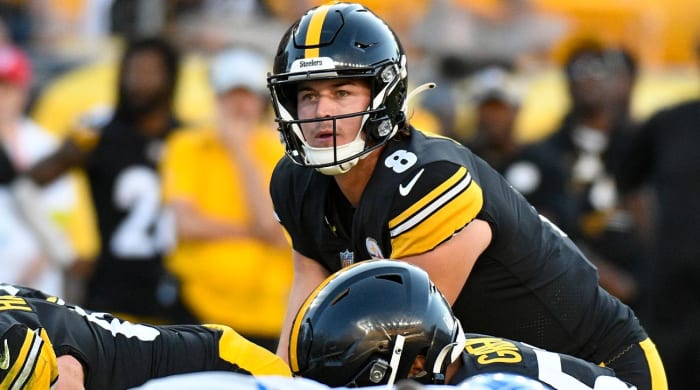 Pittsburgh Steelers quarterback Kenny Pickett (8) signals a line of scrimmage as he plays against the Detroit Lions during the second half of an NFL preseason football game, Sunday, August 28, 2022, in Pittsburgh.
