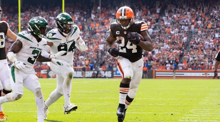 September 18, 2022;  Cleveland, Ohio, USA;  The Cleveland Browns run back Nick Chubb (24) the ball into the end zone to land against the New York Jets during the fourth quarter at First Energy Stadium.