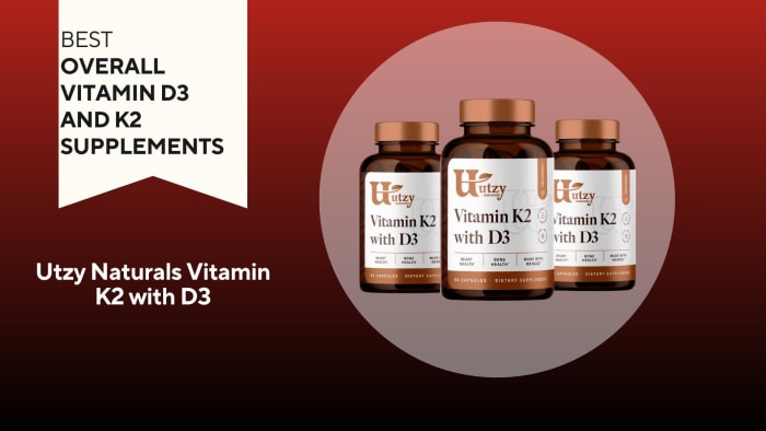 Bottles of Utzy Naturals Vitamin K2 with D3 are pictured against a red background