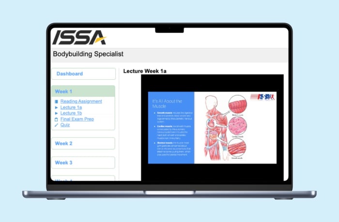 screenshot of ISSA Bodybuilding specialist dashboard for lecture week 1 A, showcasing human anatomy, as seen on a computer with a blue backgroud