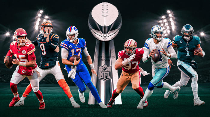 A graphic with photos of Patrick Mahomes, Joe Burrow, Josh Allen, Nick Bosa, Dak Prescott and Jalen Hurts in front of a large Lombardi Trophy.