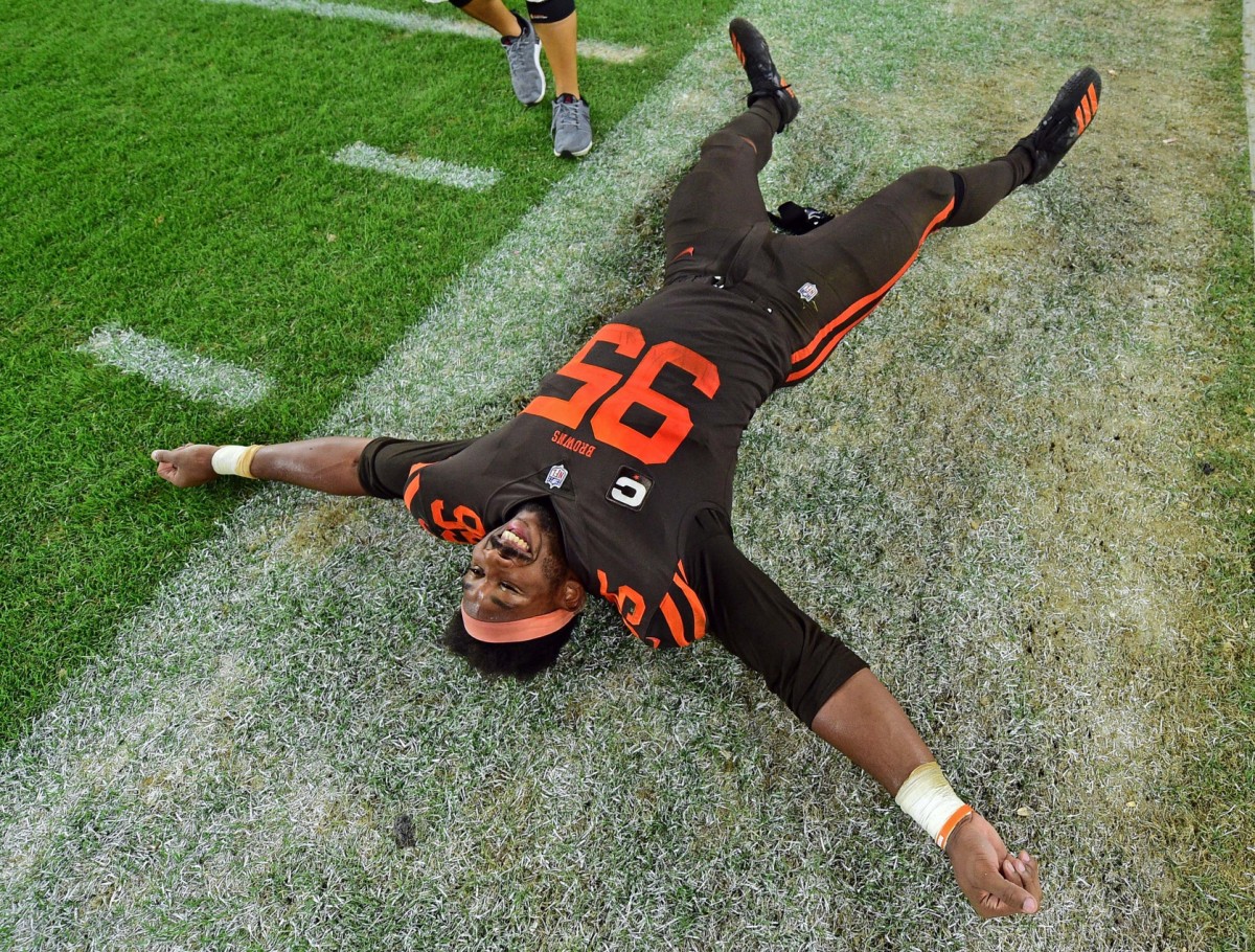 Sep 20, 2018; Cleveland, OH, USA; Cleveland Browns defensive end Myles Garrett (95) celebrates after the second half of a game against the New York Jets at FirstEnergy Stadium. Mandatory Credit: David Dermer-USA TODAY Sports