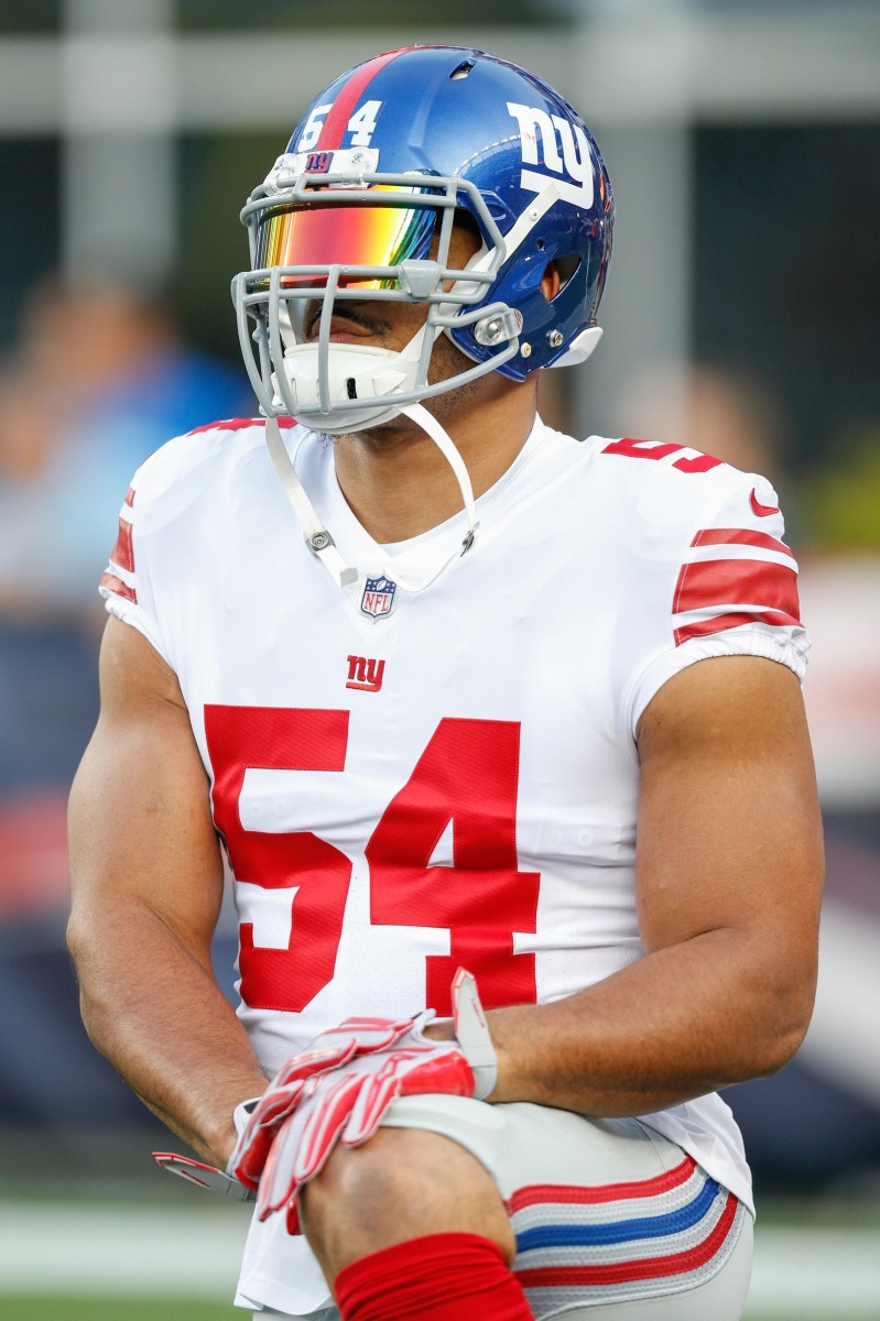 Aug 31, 2017; Foxborough, MA, USA; New York Giants defensive end Olivier Vernon (54) before game against the New England Patriots at Gillette Stadium. Mandatory Credit: Greg M. Cooper-USA TODAY Sports