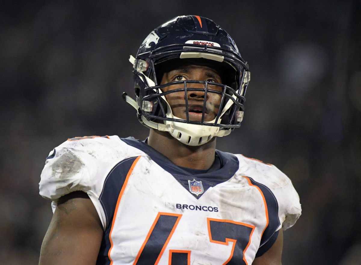 Denver Broncos linebacker Joe Jones (43) reacts during the game against the Oakland Raiders at the Oakland-Alameda County Coliseum. The Raiders defeated the Broncos 27-14.