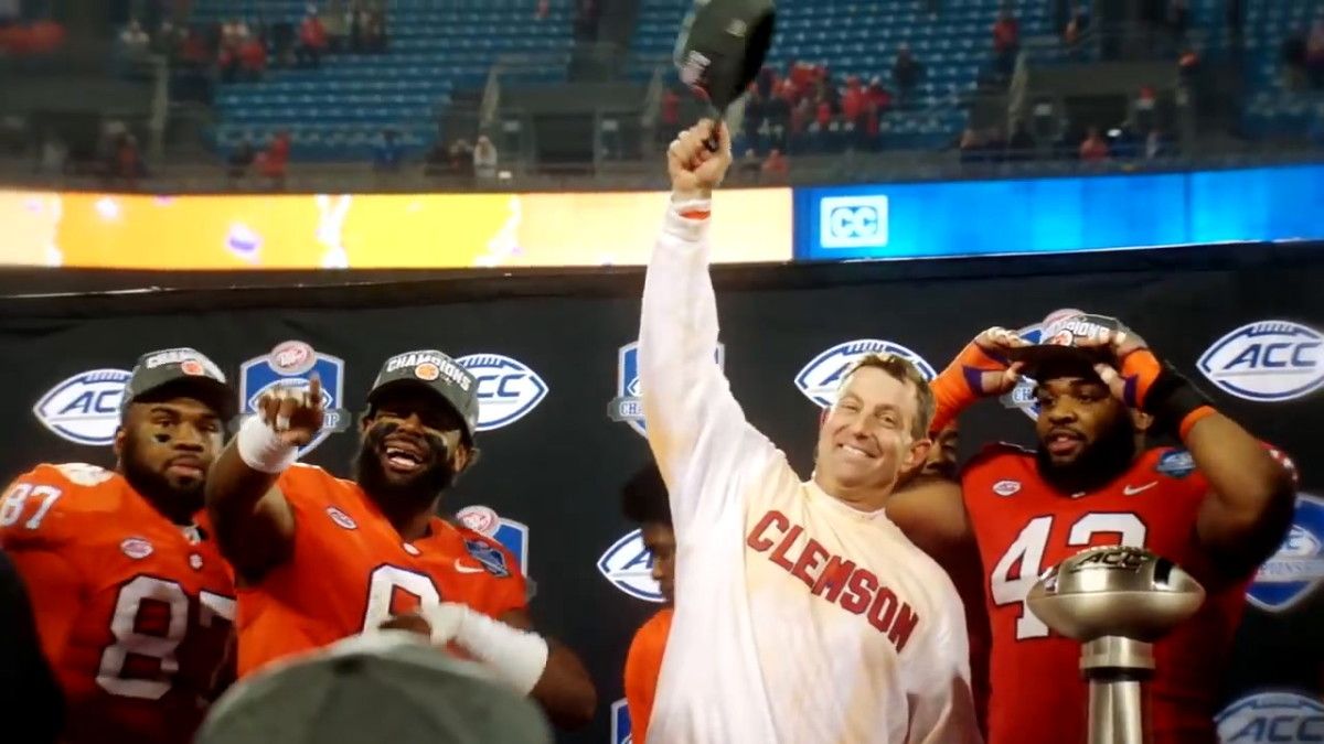 Clemson head coach Dabo Swinney celebrates another ACC Championship. Swinney has built the Tigers into what many consider to be one of the greatest modern day college football dynasty.