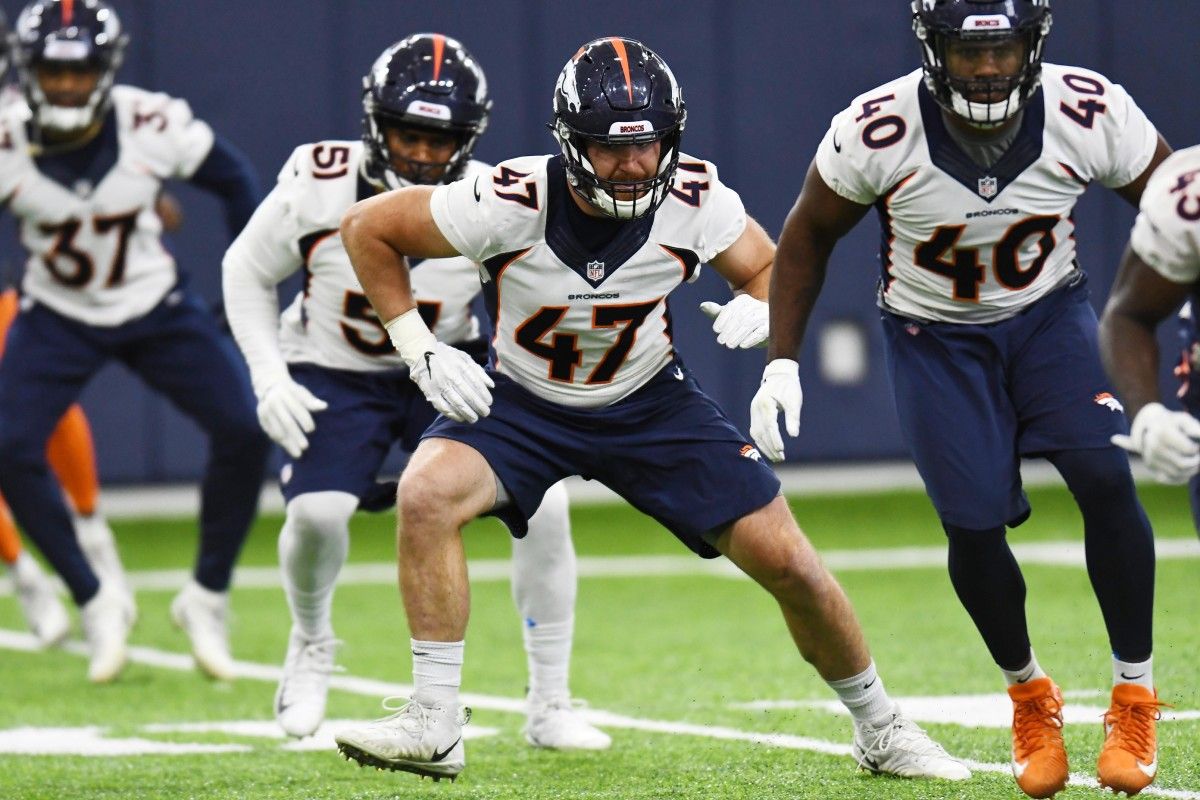 Denver Broncos inside linebacker Josey Jewell (47) during organized team activities at the Pat Bowlen Fieldhouse at UCHealth Training Center.