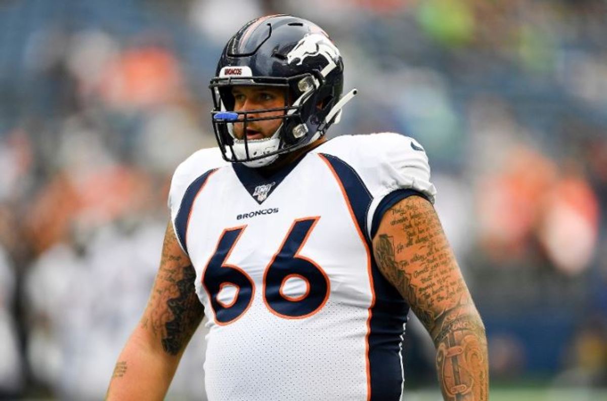 Dalton Risner #66 of the Denver Broncos warms up before the preseason game against the Seattle Seahawks at CenturyLink Field on August 08, 2019 in Seattle, Washington.