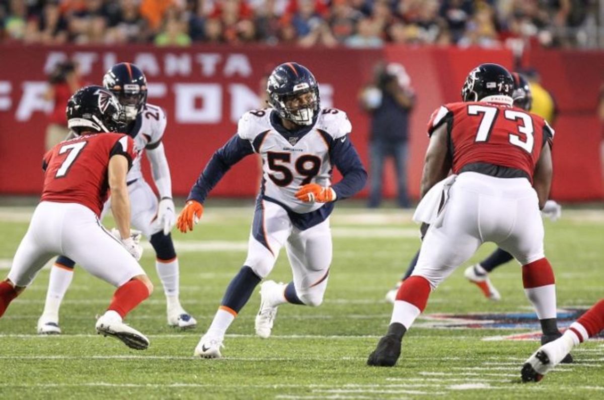 Denver Broncos linebacker Malik Reed (59) rushes during the Hall of Fame Game between the Atlanta Falcons and the Denver Broncos played at Tom Benson Hall of Fame Stadium in Canton, Ohio.