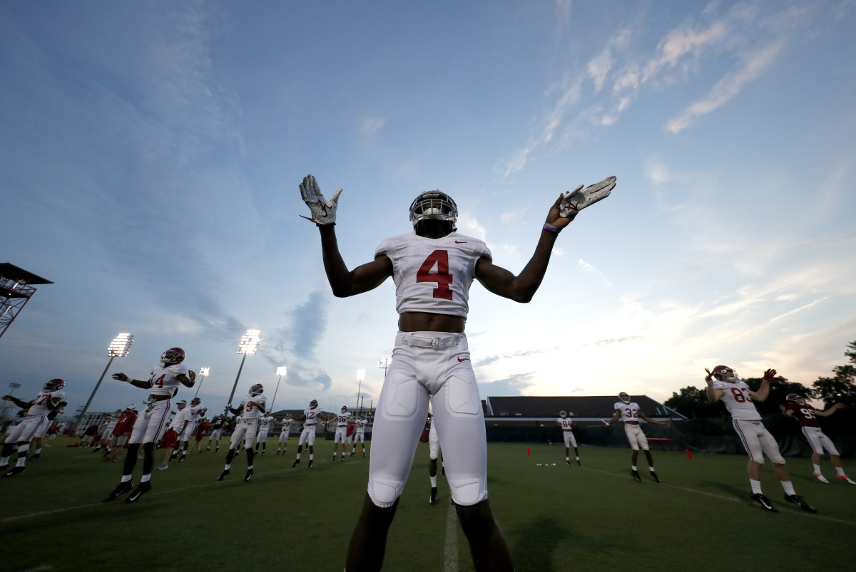 Jerry Jeudy during a night practice for the Crimson Tide