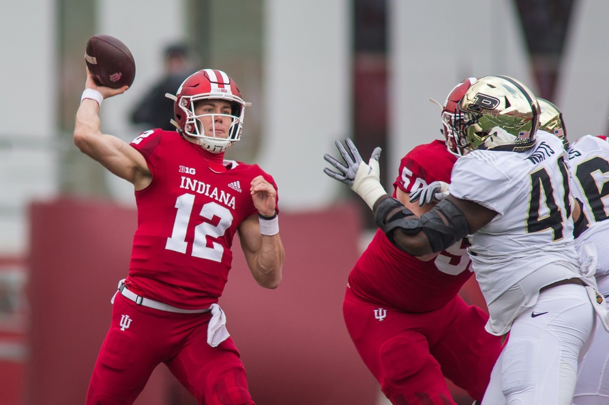 Indiana Hoosiers quarterback Peyton Ramsey (12) passes the ball in the first quarter against the Purdue Boilermakers at Memorial Stadium. Mandatory Credit: Trevor Ruszkowski-USA TODAY Sports