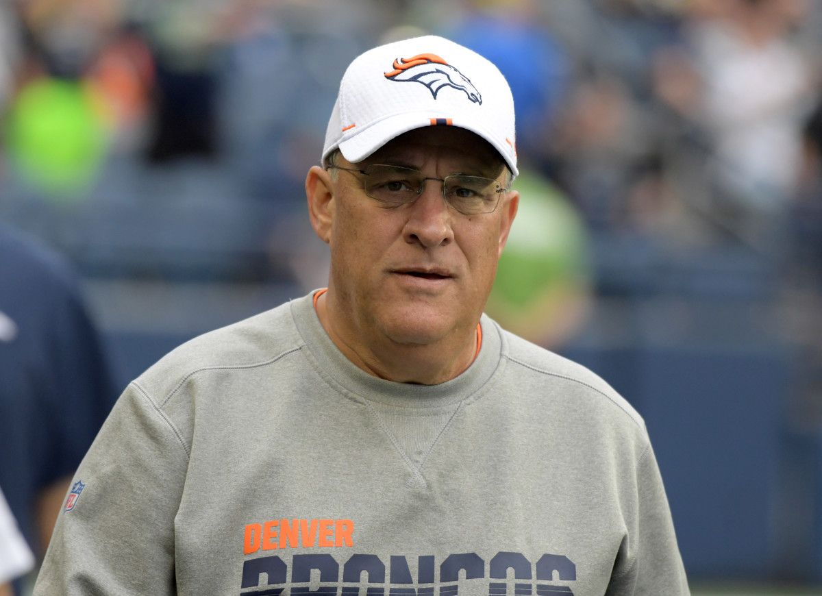 Denver Broncos head coach Vic Fangio watches from the sidelines in the first quarter against the Seattle Seahawks at CenturyLink Field.