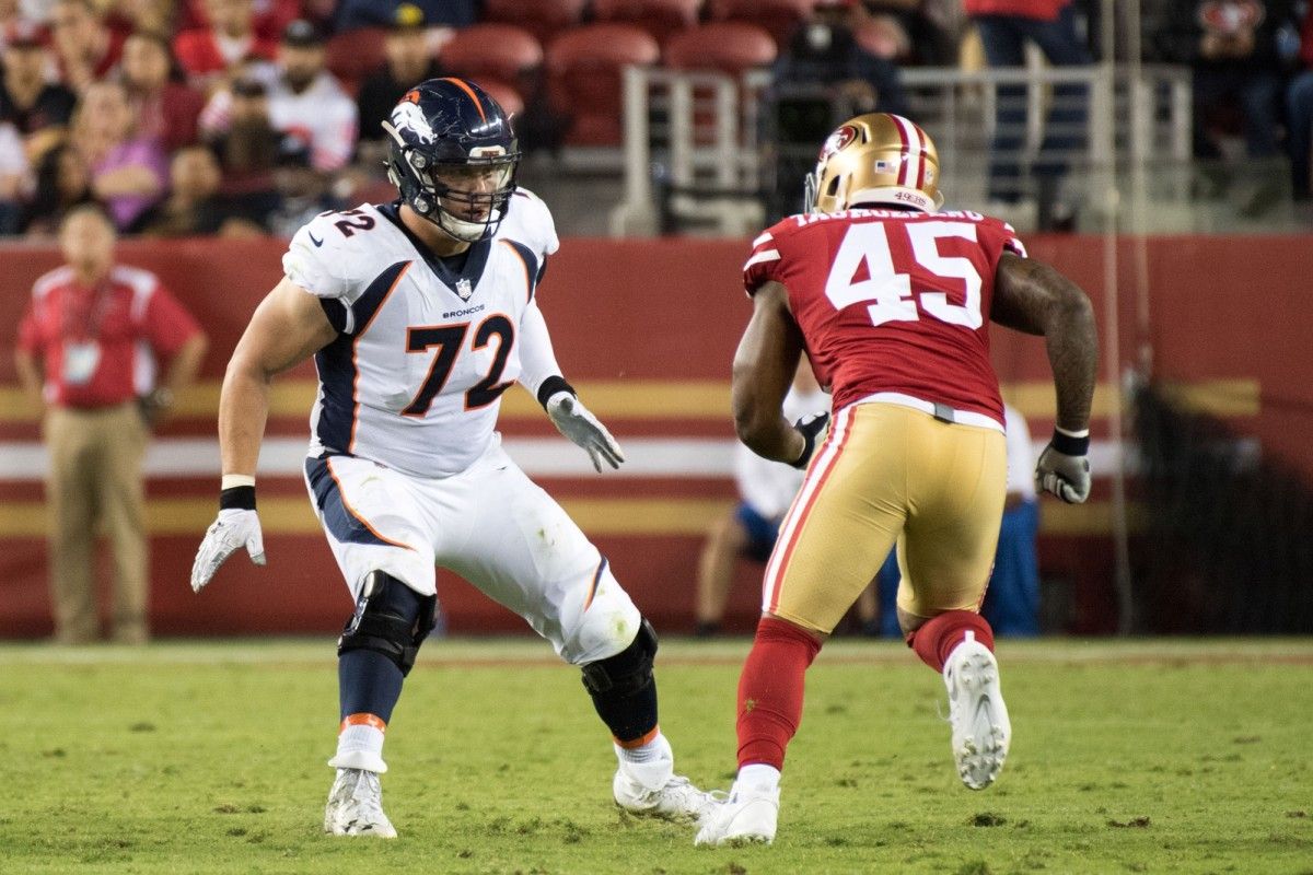 Denver Broncos tackle Garett Bolles (72) blocks against San Francisco 49ers linebacker Pita Taumoepenu (45) during the second quarter at Levi's Stadium. The Broncos defeated the 49ers 33-14.