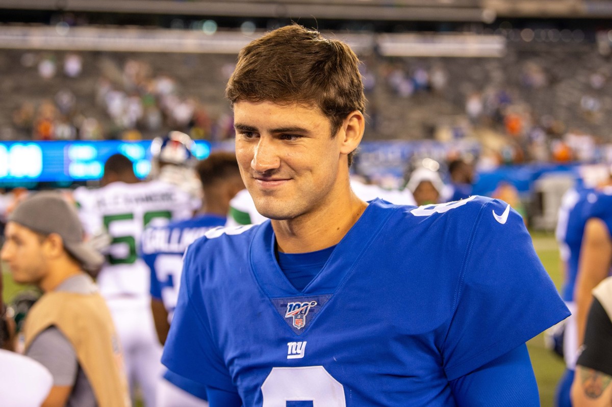 Aug 8, 2019; East Rutherford, NJ, USA; New York Giants quarterback Daniel Jones after the game against the New York Jets at MetLife Stadium.