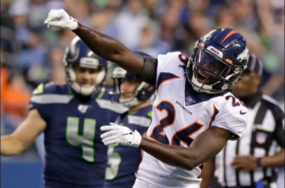 Denver Broncos cornerback Isaac Yiadom reacts after Seattle Seahawks quarterback Geno Smith was sacked by Broncos' Malik Reed during the first half of an NFL football preseason game, Thursday, Aug. 8, 2019, in Seattle.