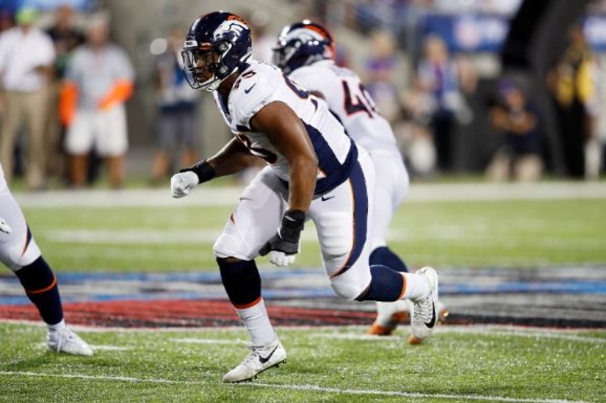 Dre'Mont Jones #93 of the Denver Broncos in action during a preseason game against the Atlanta Falcons at Tom Benson Hall Of Fame Stadium on August 1, 2019 in Canton, Ohio.