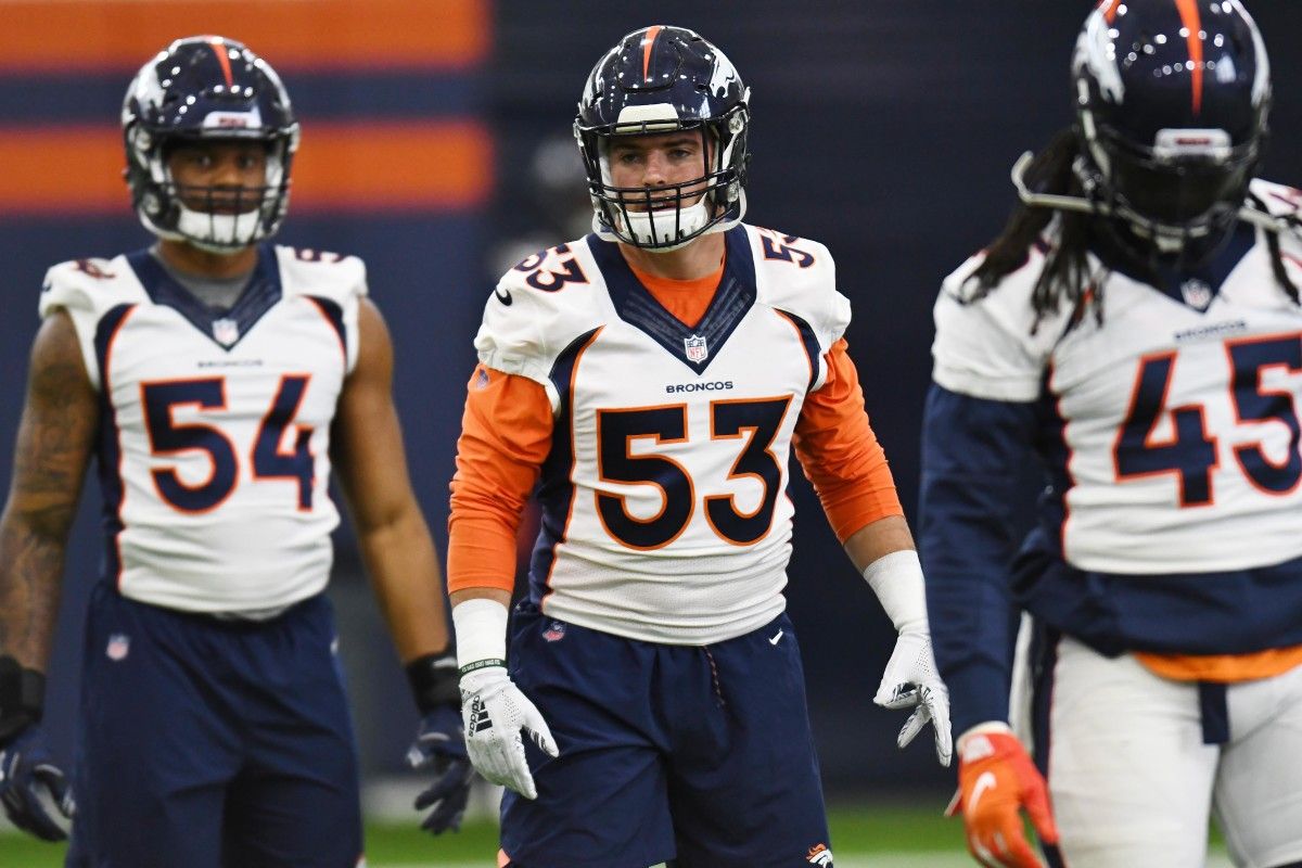 Denver Broncos inside linebacker Joe Dineen (53) during organized team activities at the Pat Bowlen Fieldhouse at UCHealth Training Center.