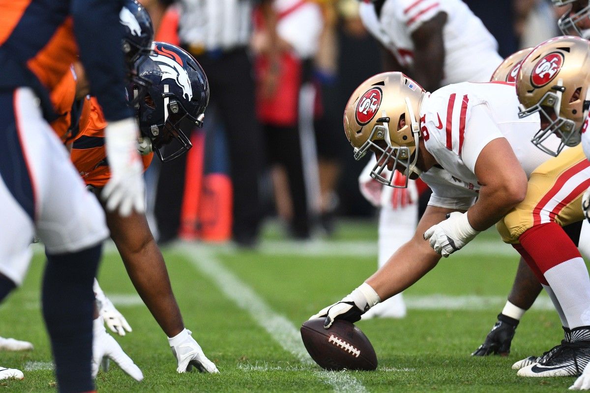 Denver Broncos defensive tackle Shelby Harris (96) lines up across from San Francisco 49ers center Wesley Johnson (61) during the first quarter at Broncos Stadium at Mile High.