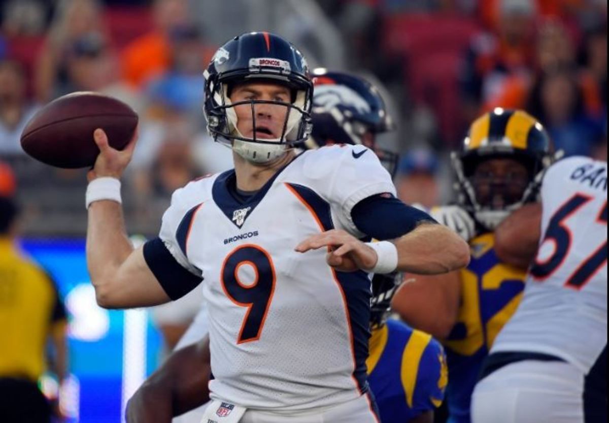 Denver Broncos quarterback Kevin Hogan (9) throws against the Los Angeles Rams during the first half of an NFL preseason football game Saturday, Aug. 24, 2019, in Los Angeles.