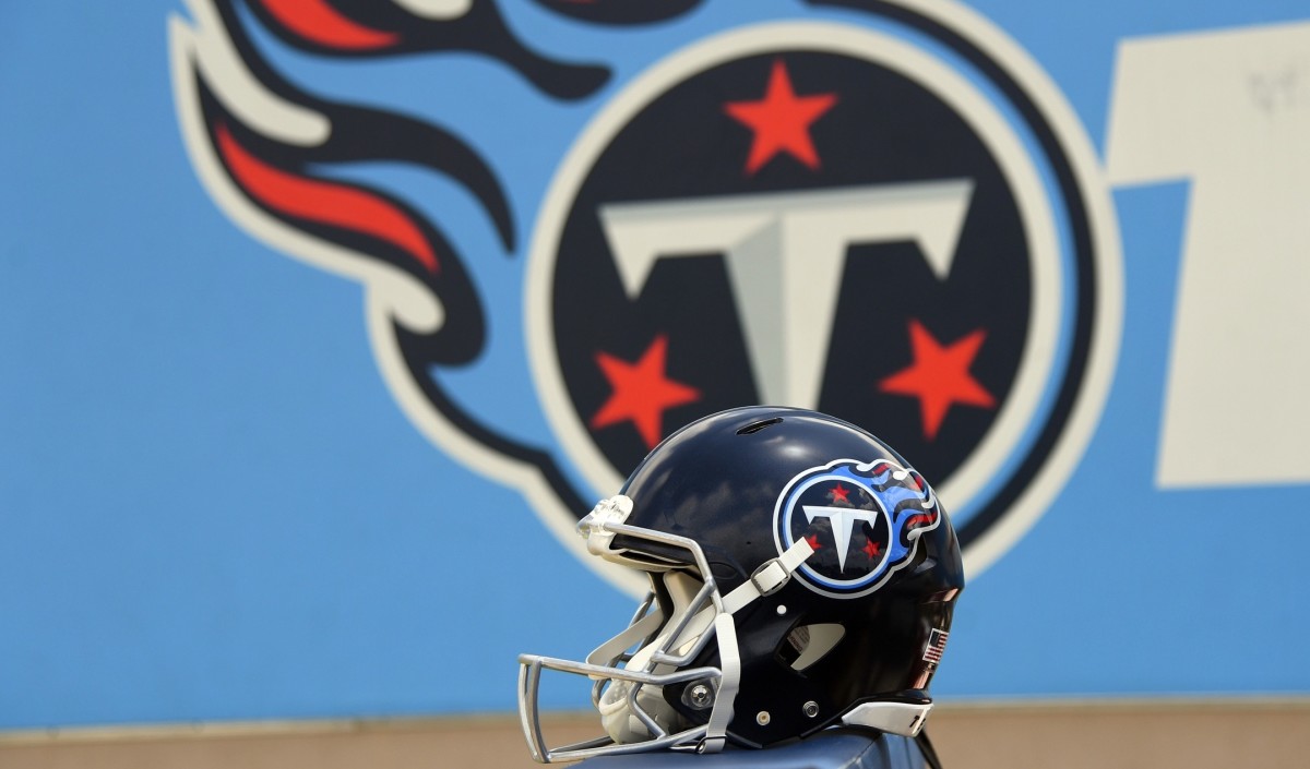 View of the Tennessee Titans new helmet during minicamp at Saint Thomas Sports Park.