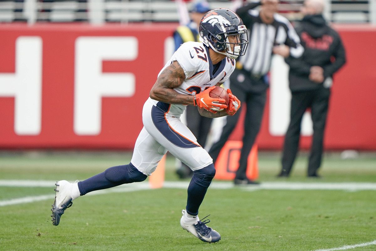Denver Broncos cornerback Brendan Langley (27) runs with the football against the San Francisco 49ers during the first quarter at Levi's Stadium.