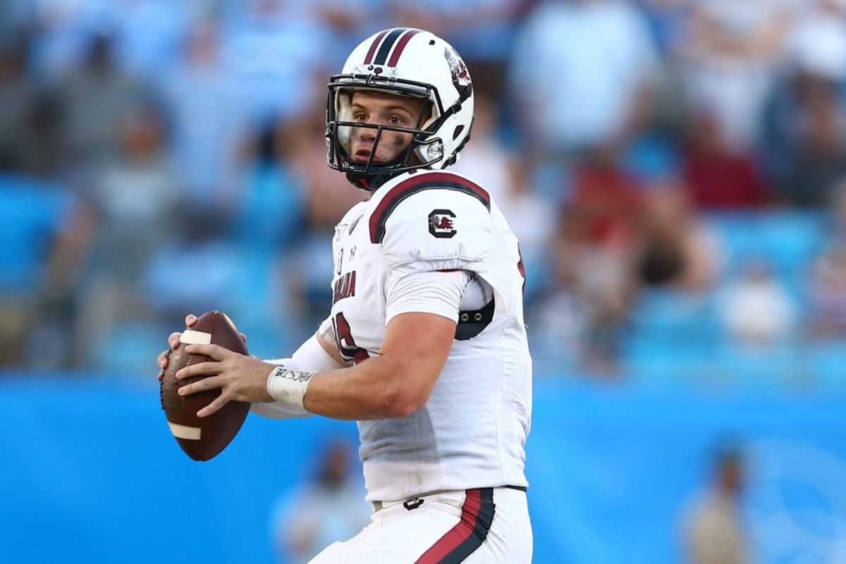 South Carolina Gamecocks quarterback Jake Bentley (19) looks to pass during the fourth quarter against the North Carolina Tar Heels at Bank of America Stadium.