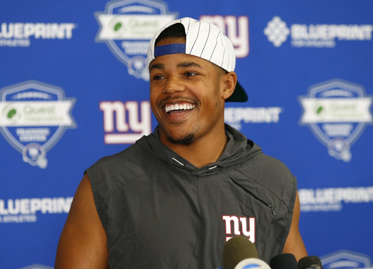 Jun 4, 2019; East Rutherford, NJ, USA; New York Giants wide receiver Sterling Shepard responds to questions from the media during mini camp at Quest Diagnostic Training Center.
