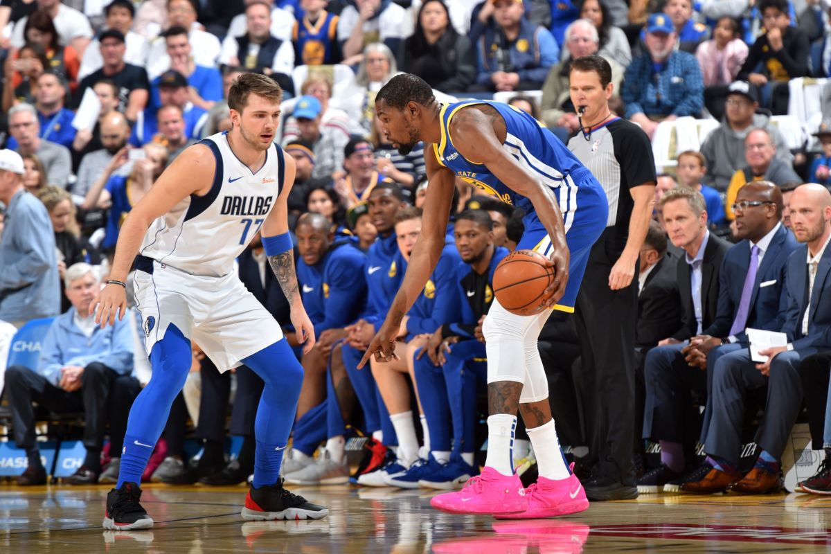 Kevin Durant and Luka Doncic going at it during the 2018-2019 season. (Credit: NBAE via Getty Images)