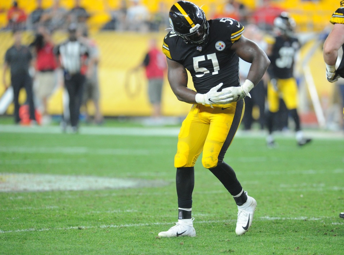 Aug 17, 2019; Pittsburgh, PA, USA; Pittsburgh Steelers linebacker Tuzar Skipper (51) celebrates after a sack against the Kansas City Chiefs during the fourth quarter at Heinz Field.