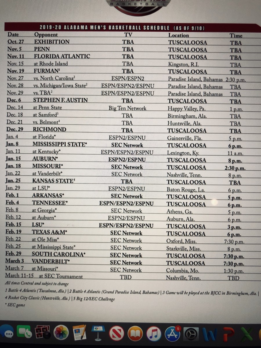 2019-20 Alabama basketball schedule