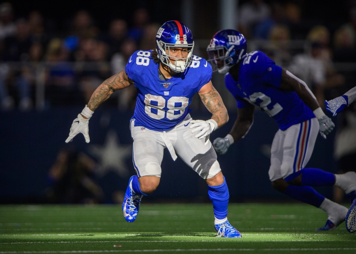 Sep 8, 2019; Arlington, TX, USA; New York Giants tight end Evan Engram (88) in action during the game between the Cowboys and the Giants at AT&T Stadium.