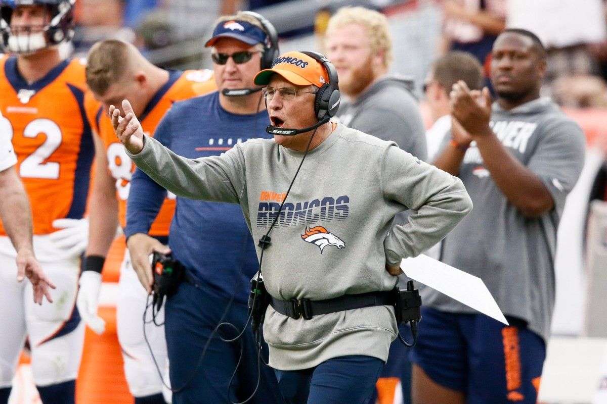 Denver Broncos head coach Vic Fangio reacts in the fourth quarter against the Chicago Bears at Empower Field at Mile High.